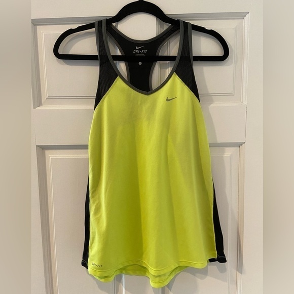 Nike Dri-Fit Yellow Green Black Stripe Sides Racerback Athletic Tank - Picture 1 of 5